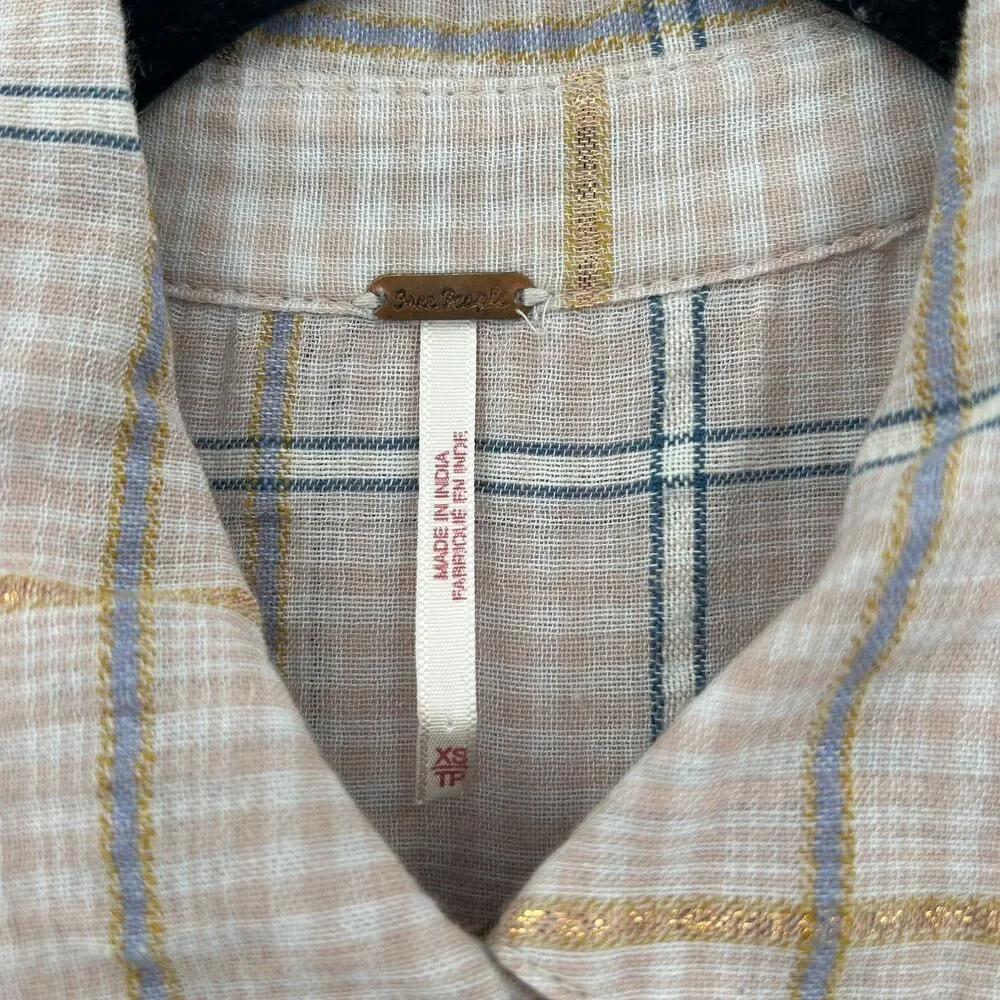 FREE PEOPLE Pink Rose Gold Metallic Plaid Oversized Gauzy Button Up Shirt XS
